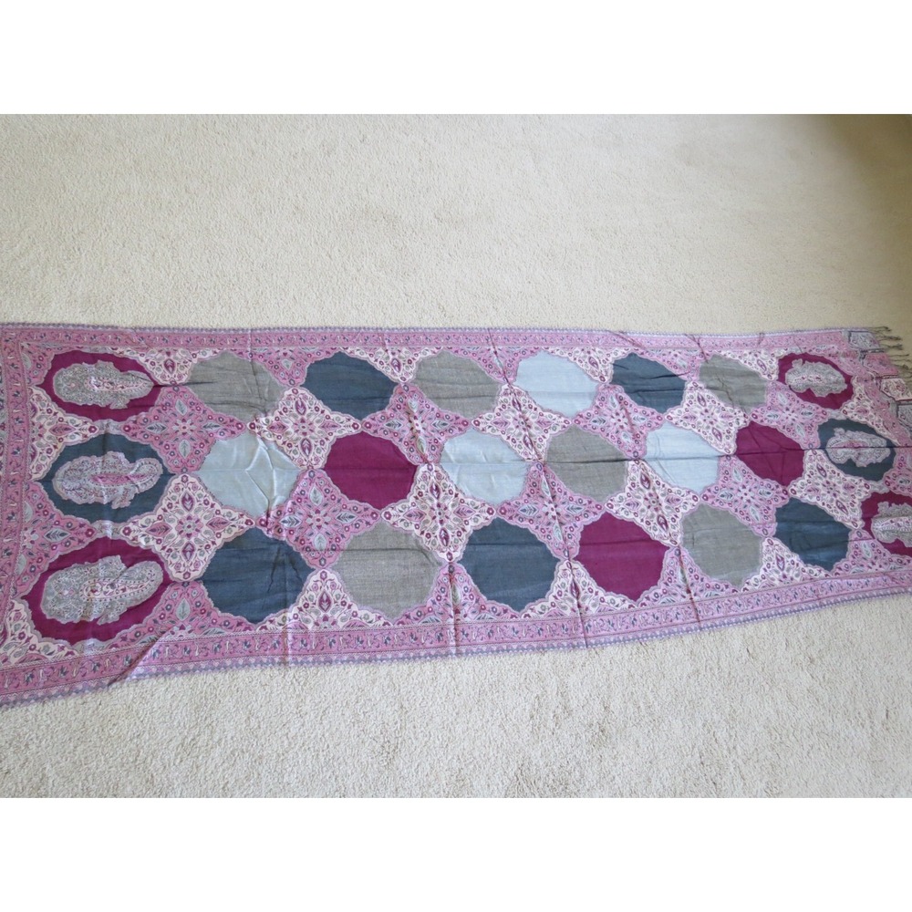 Pink Floral Ornate Fringed Scarf 78" Paisley Geometric Wrap Pashmina Style